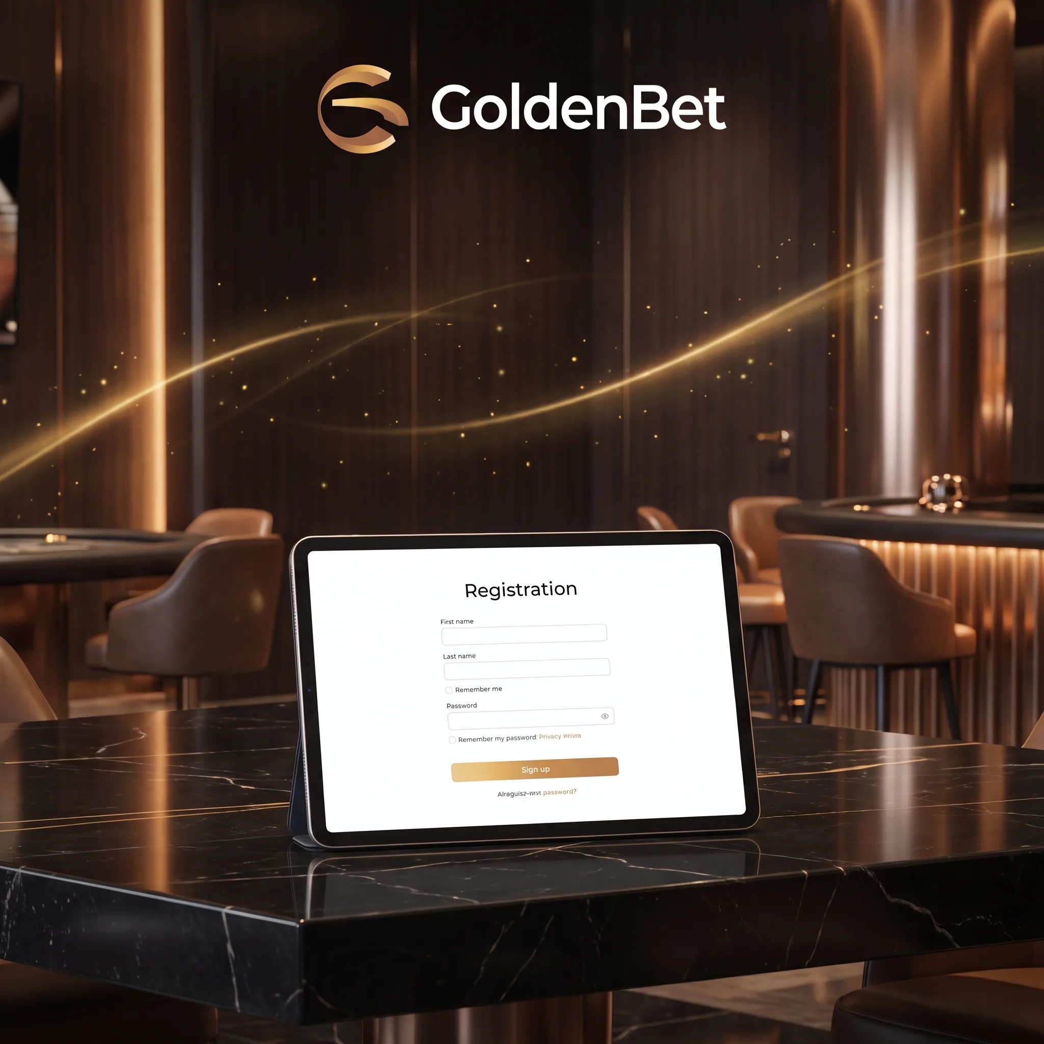 GoldenBet registration form displayed on a tablet in a casino lounge
